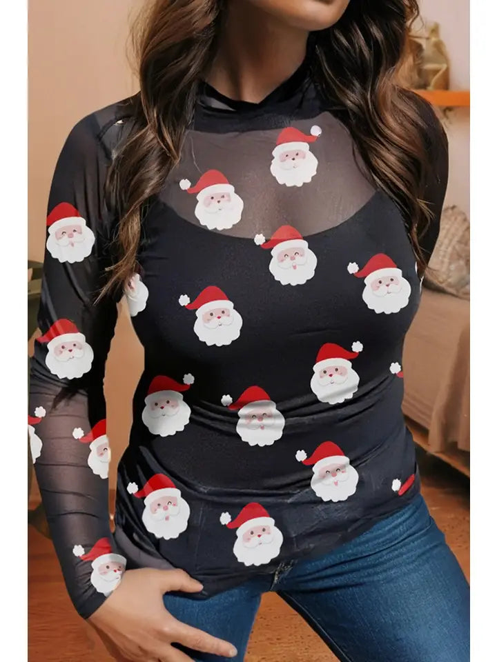 Christmas Fashion Print Mesh Long Sleeve Top