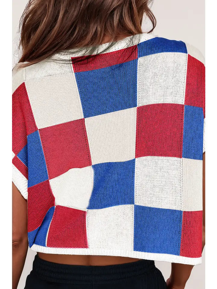 Color Block Round Neck Cap Sleeve Casual Sweater