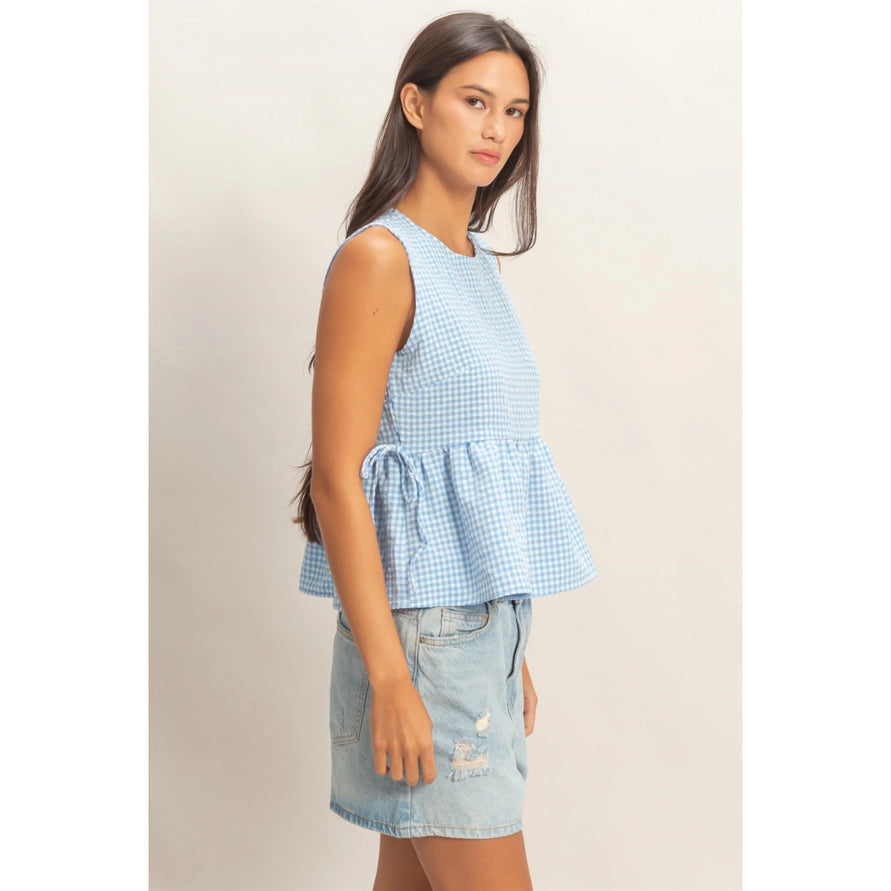 Gingham Sleeveless Peplum Top with Side Ties