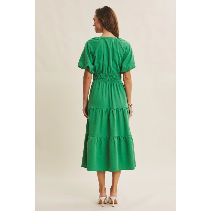 Vibrant Feel-Good Kelly Green Midi Dress with Bubble Sleeves