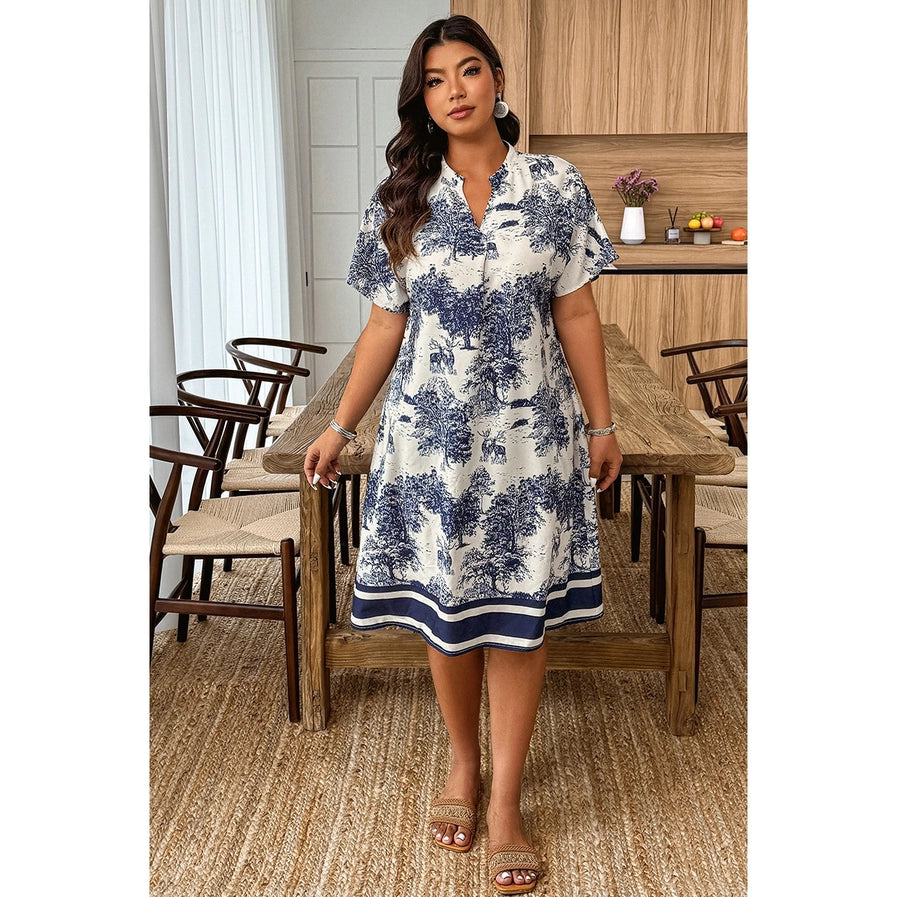 Plus Size Cream with Navy Print V-Neck Midi Dress