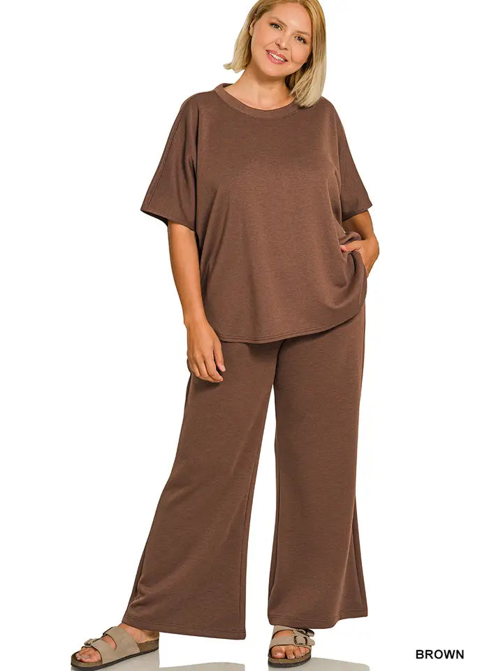 Plus Scuba Curbed Hem Top & Pants Set