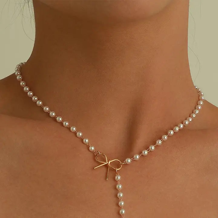 Plated Bow Decor Pearl Chaining Necklace