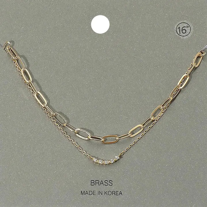 Stone Paved Bar Paperclip Chain Layered Necklace