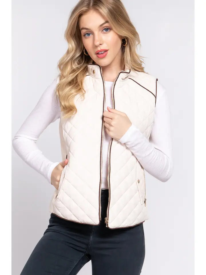 Suede Piping Detail Rib Quilted Padding Vest