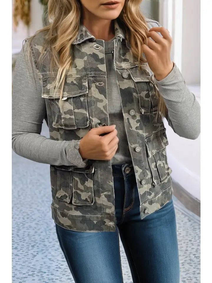 Army Camo Print Denim Vest