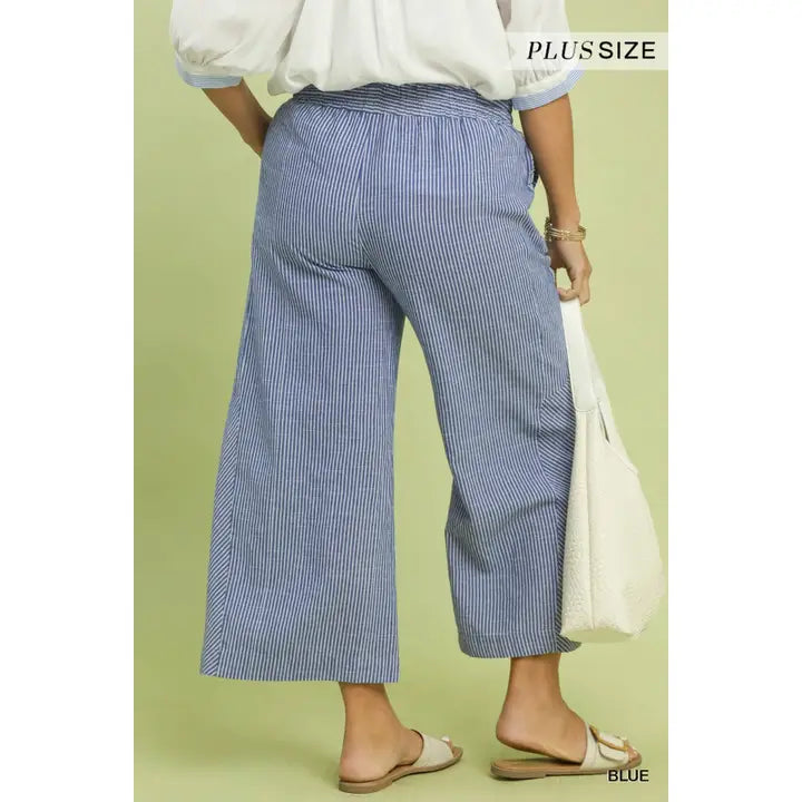 Plus Linen Striped Wide Leg Pants with Pockets