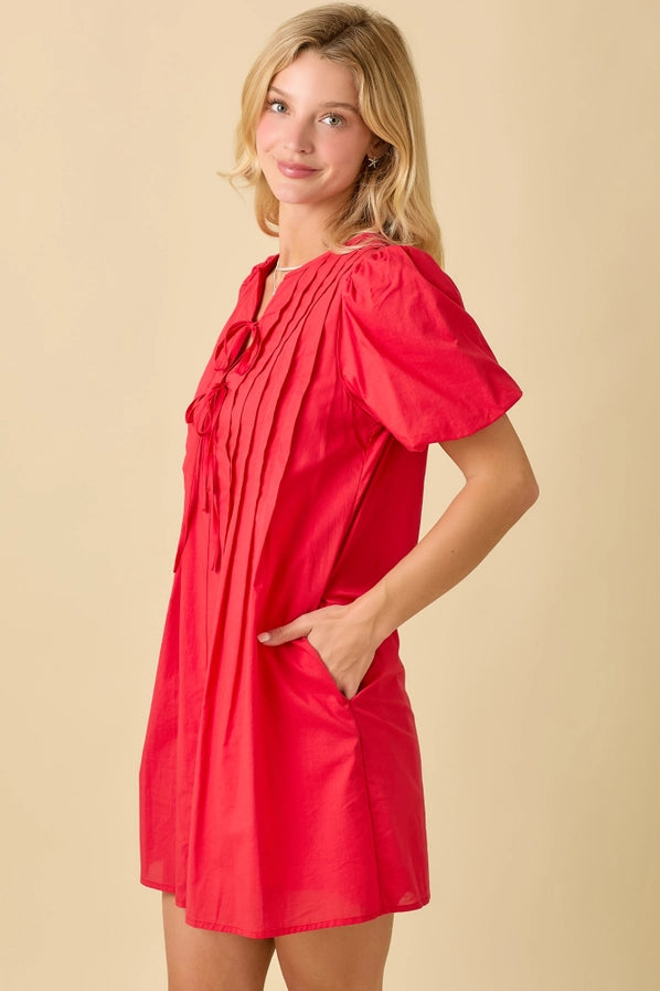 Pin Tuck Detail Bubble Sleeve Mini Dress