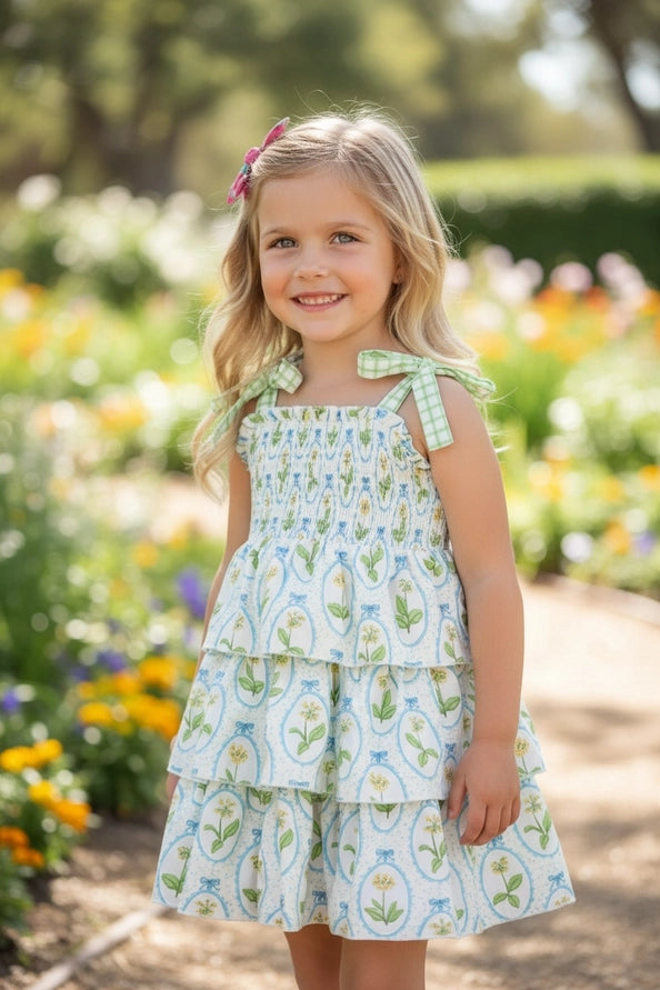 3 Tiered Layered Dress Smock W/Yellow Floral & Green Contrast Dress
