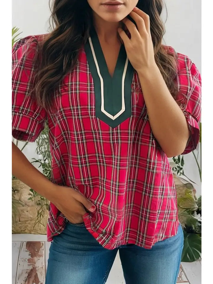 Plaid Print Contrast Trim V Neck Short Sleeve Blouse
