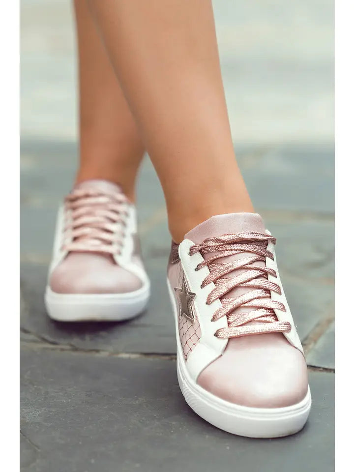 Glitter Star Patchwork Pu Leather Lace-Up Sneakers
