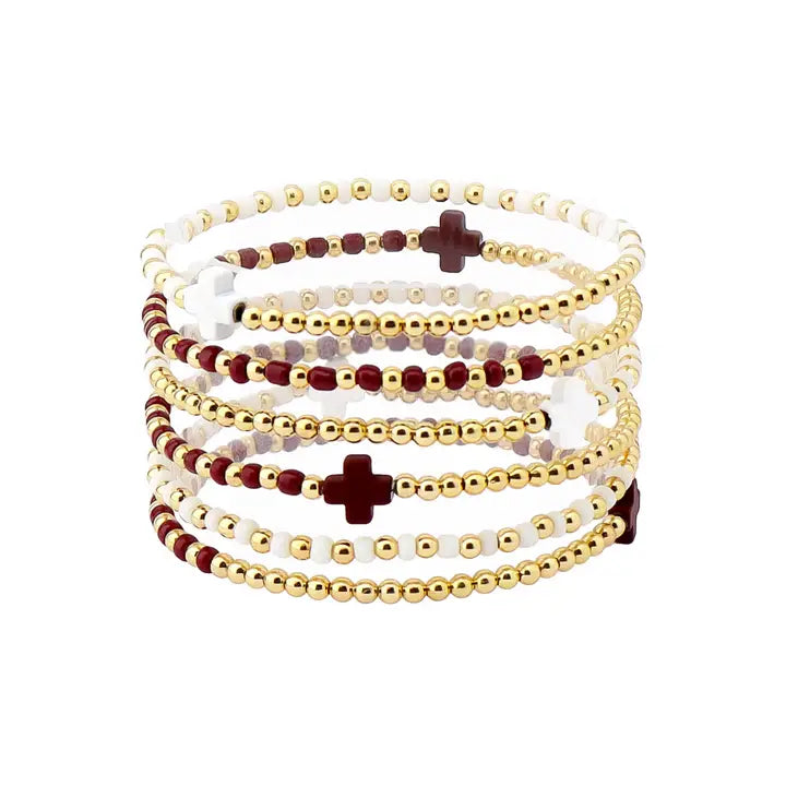 Gameday Set of 6 Maroon and White Beaded Stretch Bracelets