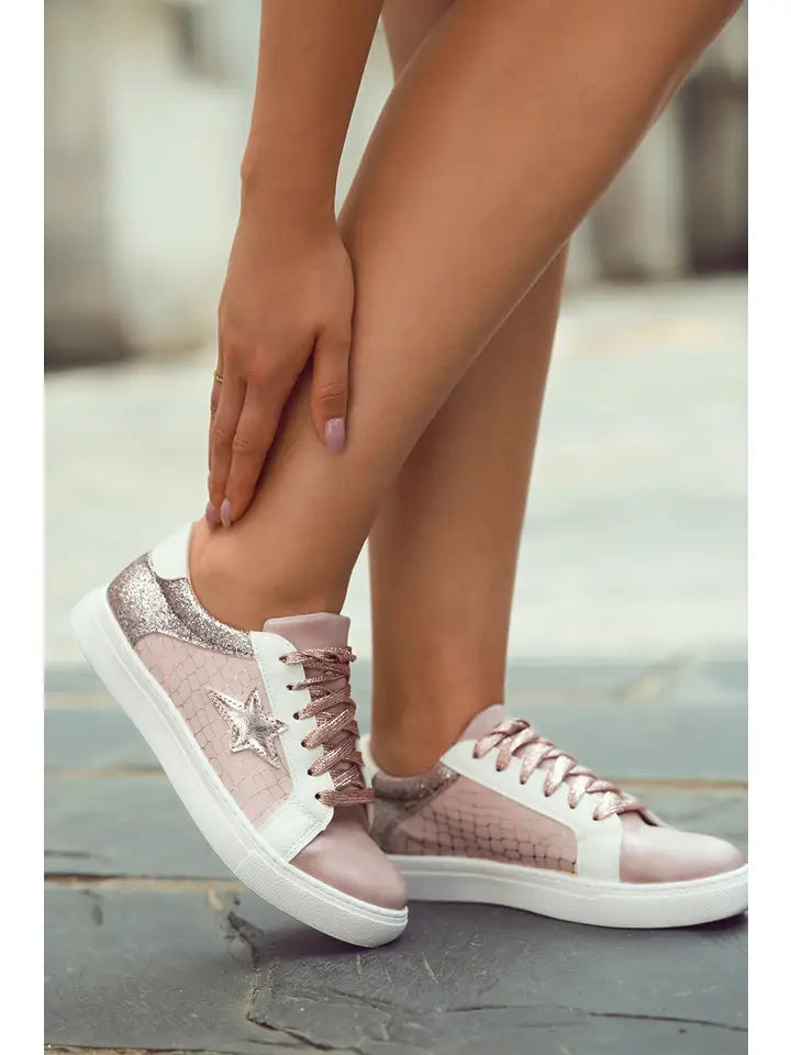 Glitter Star Patchwork Pu Leather Lace-Up Sneakers