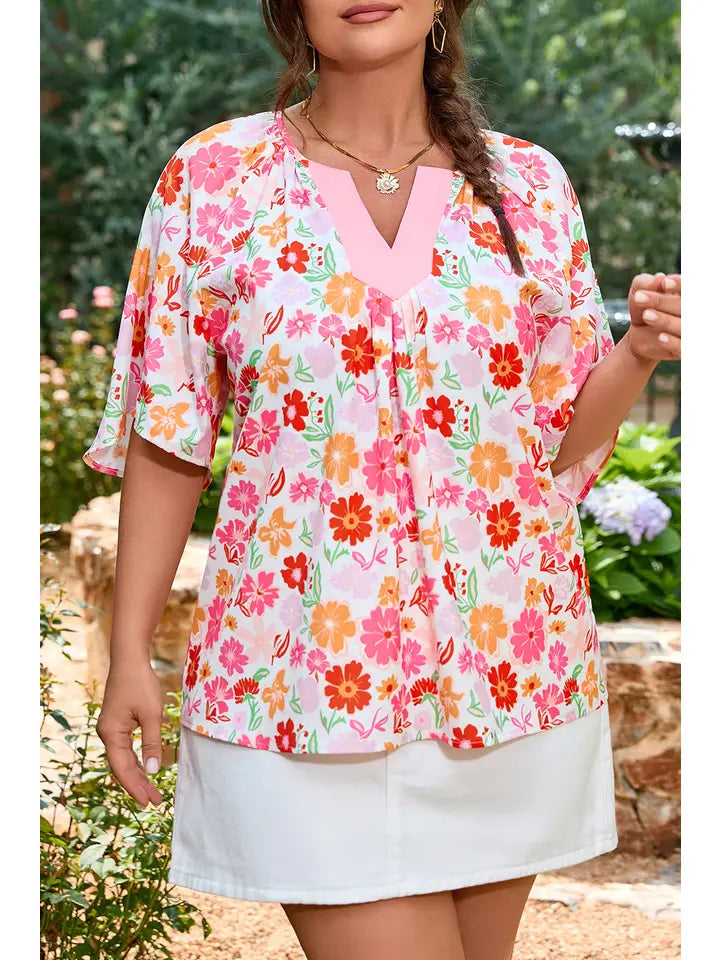 Plus Size Floral Split V-Neck Blouse