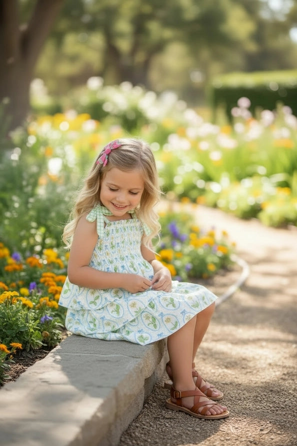 3 Tiered Layered Dress Smock W/Yellow Floral & Green Contrast Dress