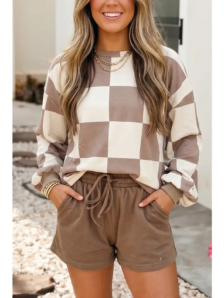 Brown Plaid Colorblock Long Sleeve 2pc Shorts Set
