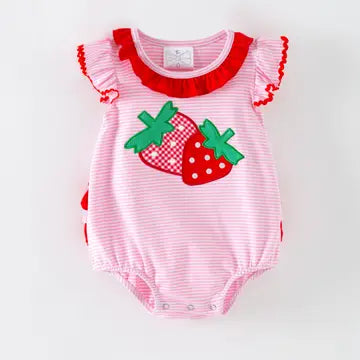 Strawberry Applique Red Striped Infant Romper