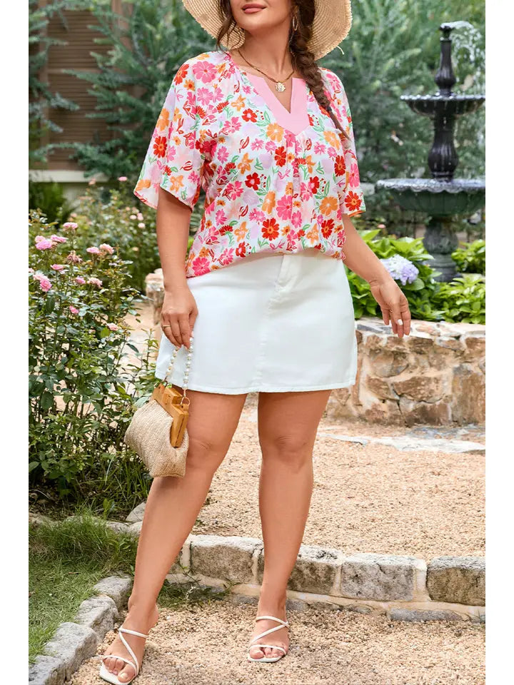Plus Size Floral Split V-Neck Blouse