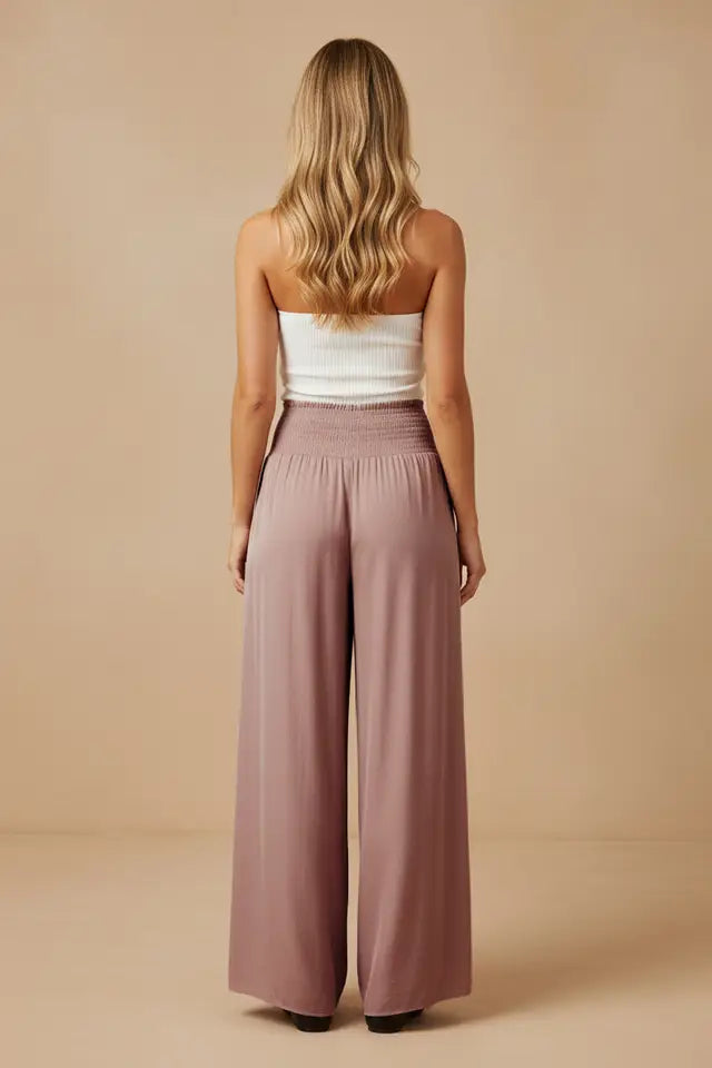 Mauve Smocked Waist Wide Leg Pant