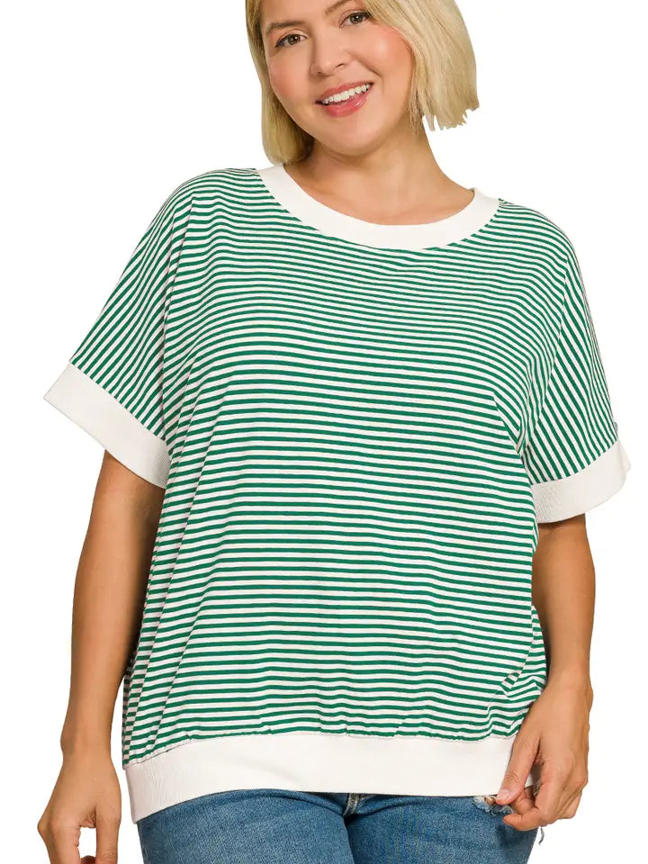 Plus Stripe Contrast Trim Banded Bottom Top