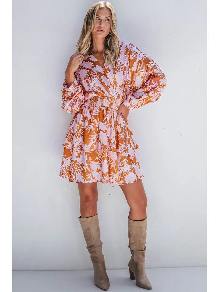 Floral long sleeve double tiered mini dress