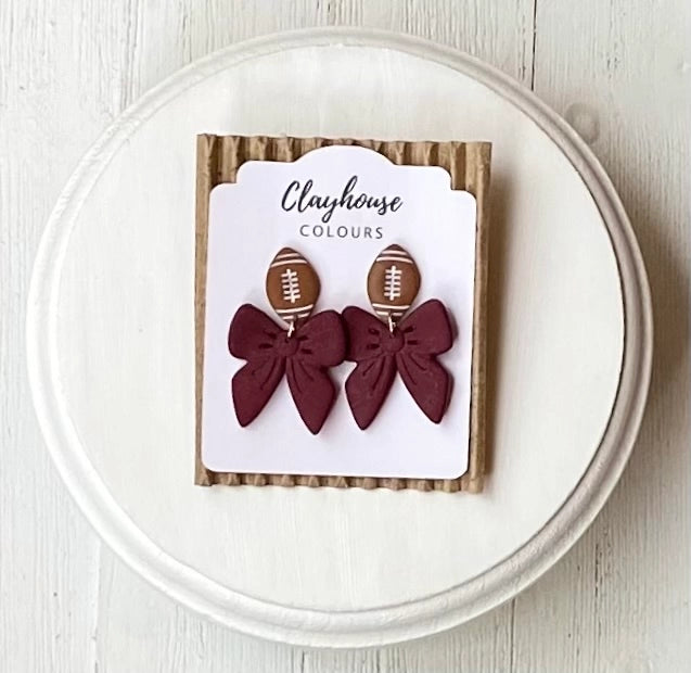 Handmade Clay Football & Bow Earrings