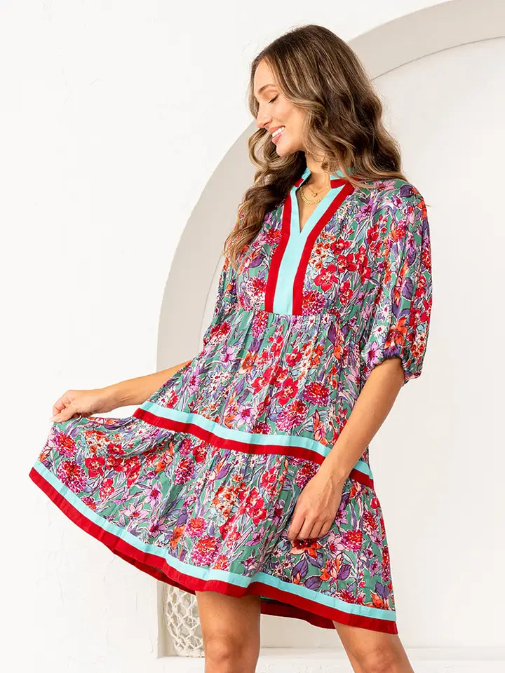 Floral Print Tiered Mini Dress with Puff Sleeves