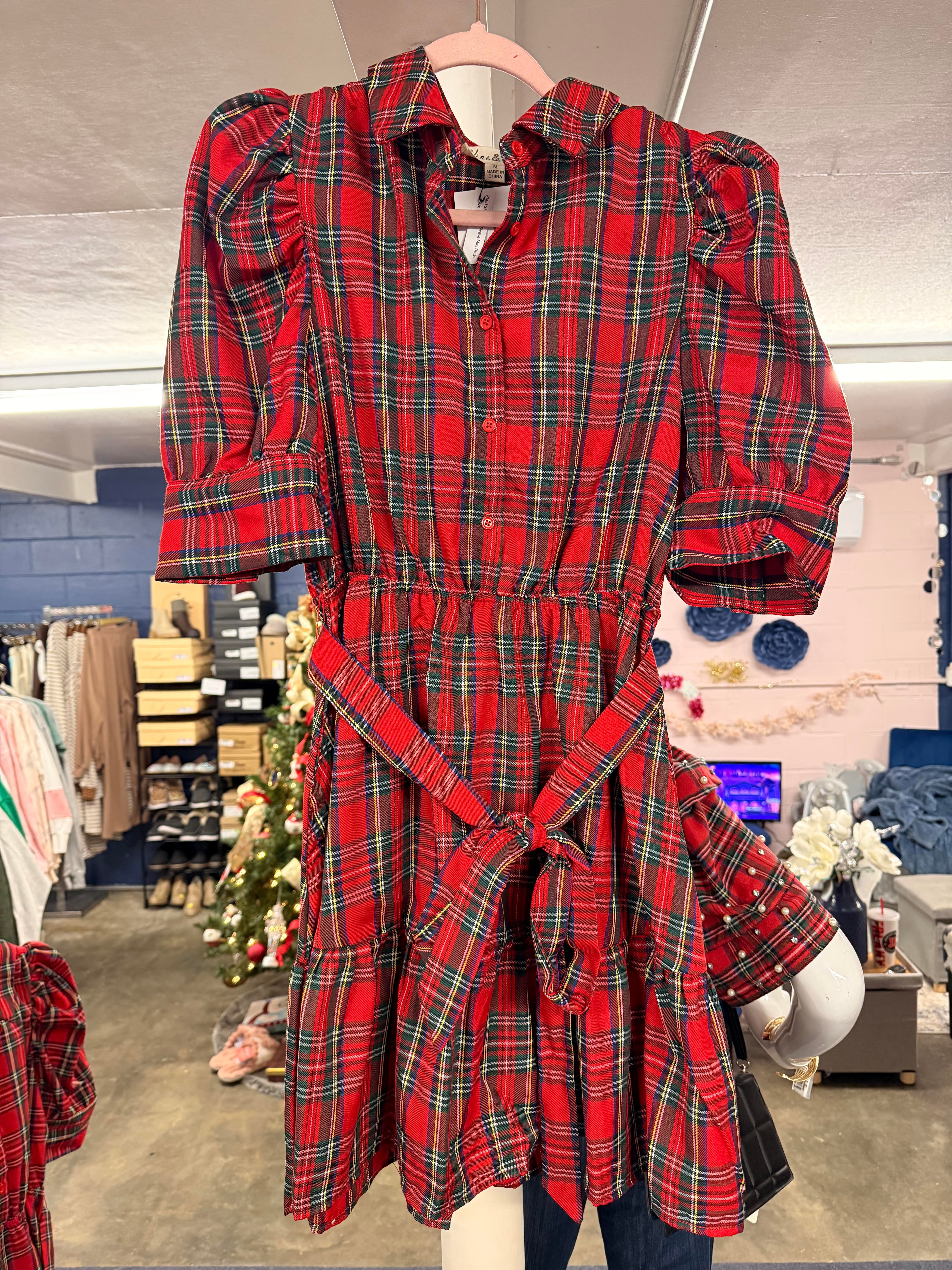 Plaid Short Puff Sleeve Mini Dress